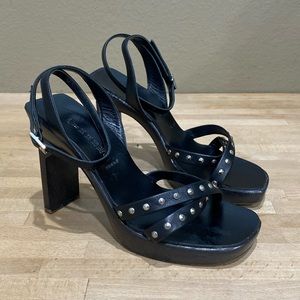 DIBRERA Leather High Heels Black Studded EUR 35.5, US 5  Square Buckle Open Toe